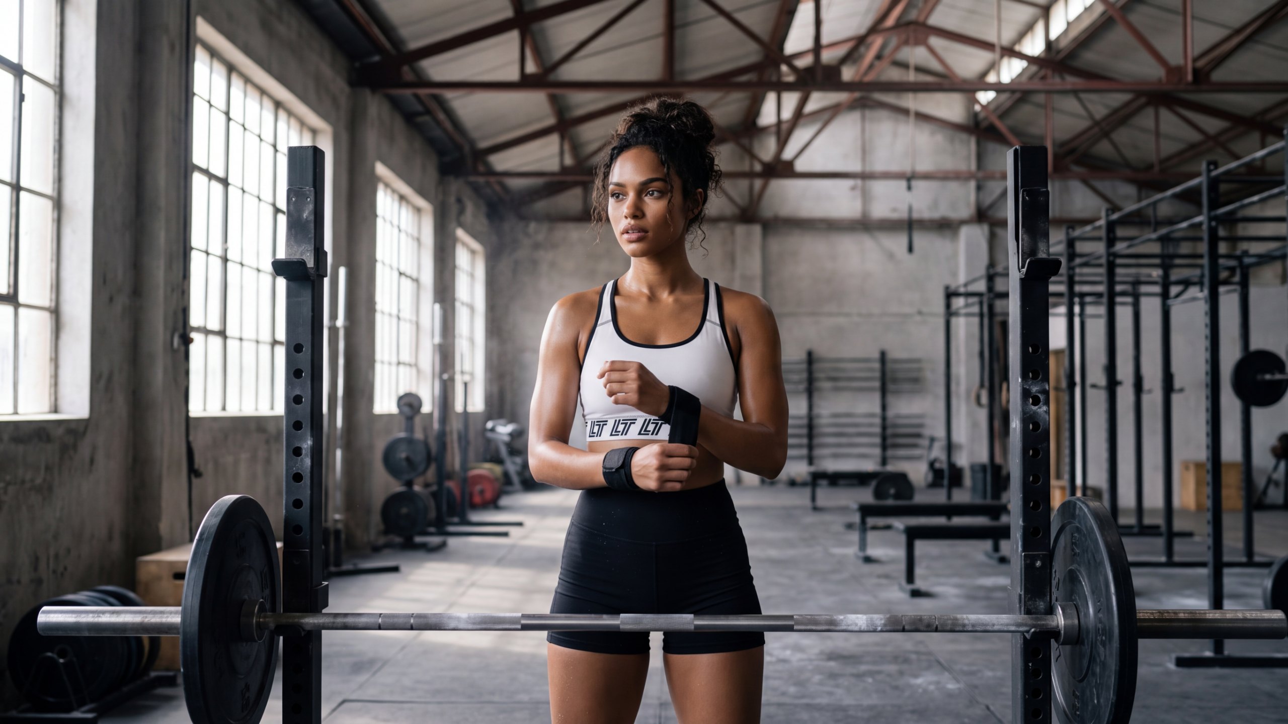 Living Trill performance line — woman in the LT monogram sports bra and bike shorts wrapping her wrists in an industrial gym