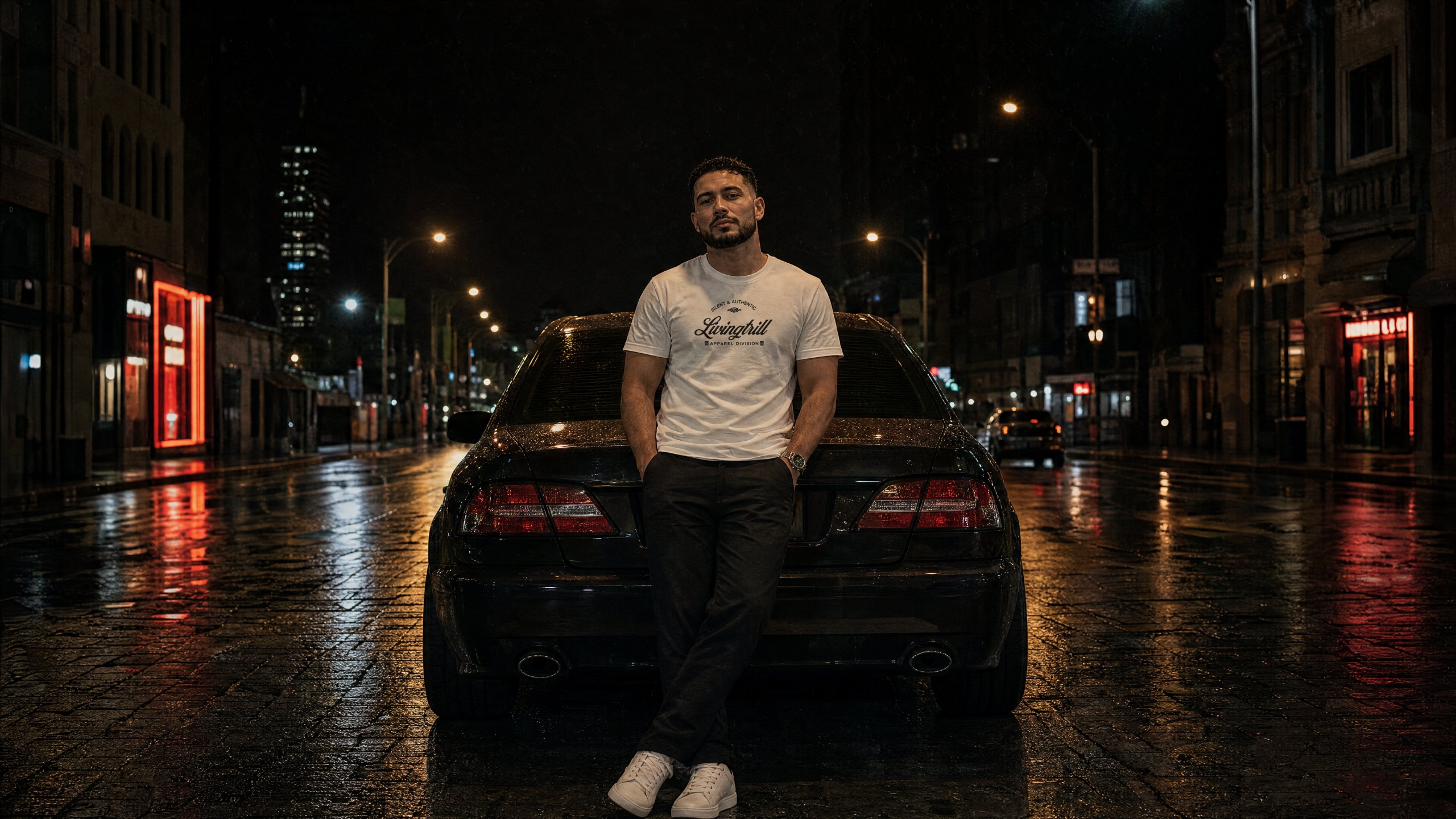 Living Trill — man in the Livingtrill Silent & Authentic tee leaning on a car on a rain-soaked city street at night